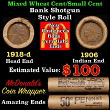 Lincoln Wheat Cent 1c Mixed Roll Orig Brandt McDonalds Wrapper, 1918-d end, 1906 Indian other end