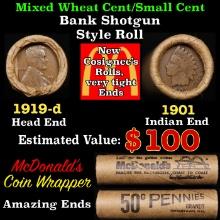 Lincoln Wheat Cent 1c Mixed Roll Orig Brandt McDonalds Wrapper, 1919-d end, 1901 Indian other end