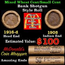 Lincoln Wheat Cent 1c Mixed Roll Orig Brandt McDonalds Wrapper, 1916-d end, 1905 Indian other end