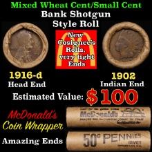 Lincoln Wheat Cent 1c Mixed Roll Orig Brandt McDonalds Wrapper, 1916-d end, 1902 Indian other end