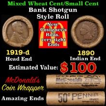 Lincoln Wheat Cent 1c Mixed Roll Orig Brandt McDonalds Wrapper, 1919-d end, 1890 Indian other end