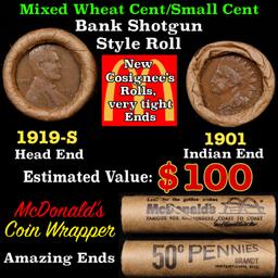 Small Cent Mixed Roll Orig Brandt McDonalds Wrapper, 1919-s Lincoln Wheat end, 1901 Indian other end