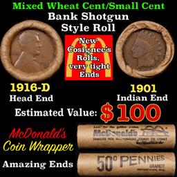 Small Cent Mixed Roll Orig Brandt McDonalds Wrapper, 1916-d Lincoln Wheat end, 1901 Indian other end