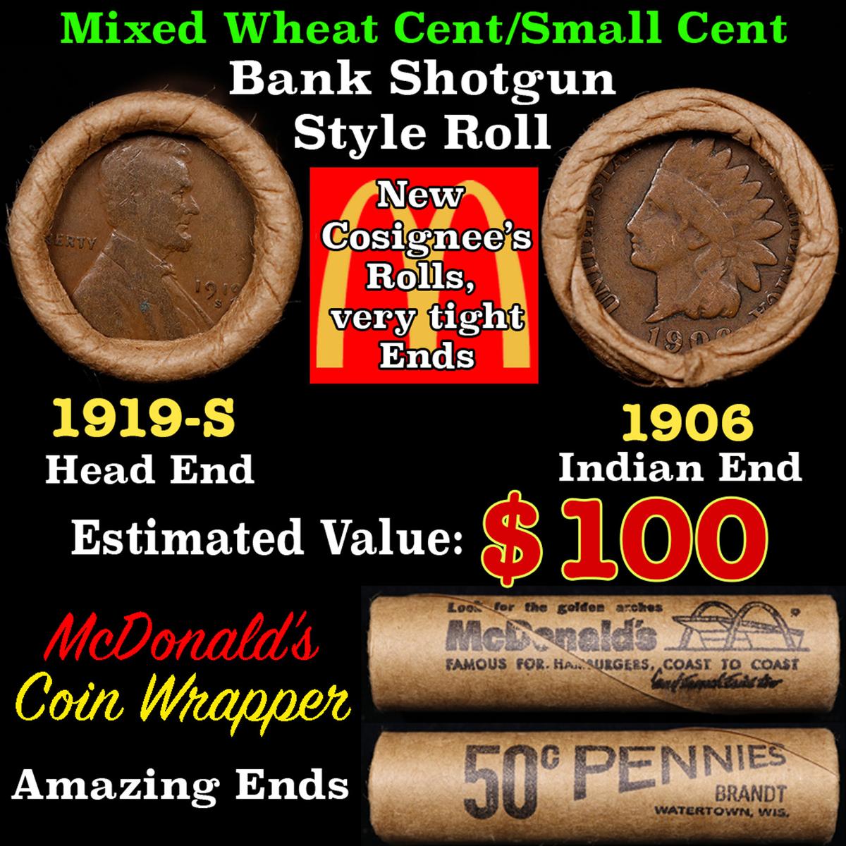 Small Cent Mixed Roll Orig Brandt McDonalds Wrapper, 1919-s Lincoln Wheat end, 1906 Indian other end