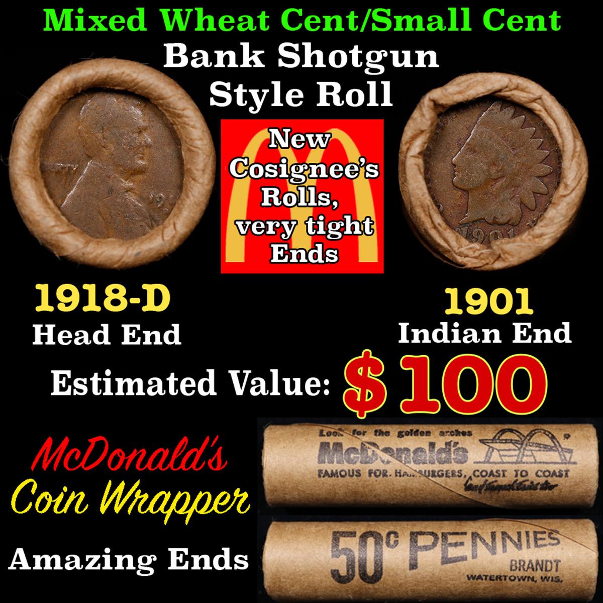 Small Cent Mixed Roll Orig Brandt McDonalds Wrapper, 1918-d Lincoln Wheat end, 1901 Indian other end