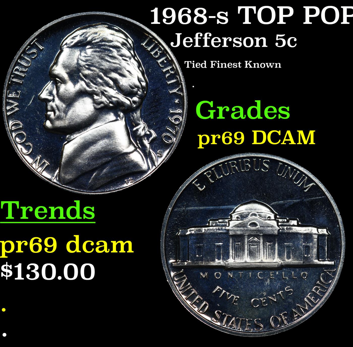 Proof 1968-s Jefferson Nickel TOP POP! 5c Graded pr69 DCAM By SEGS