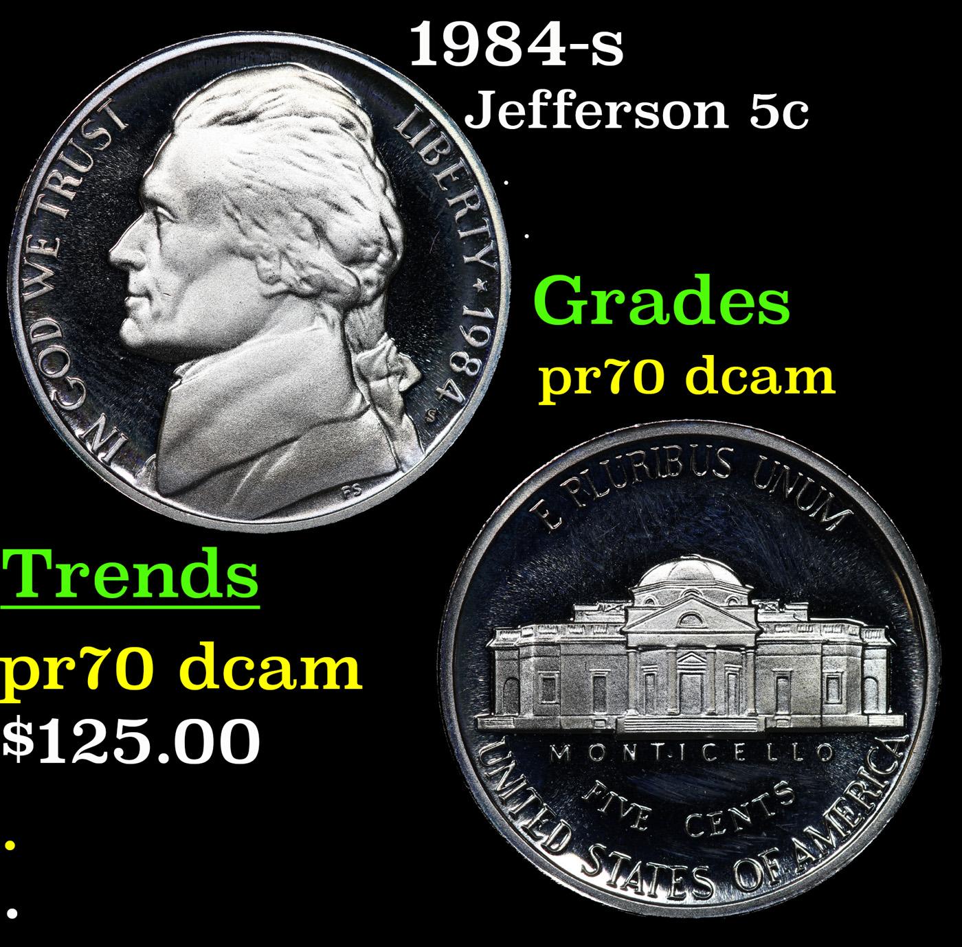 Proof 1984-s Jefferson Nickel 5c Graded pr70 dcam By SEGS