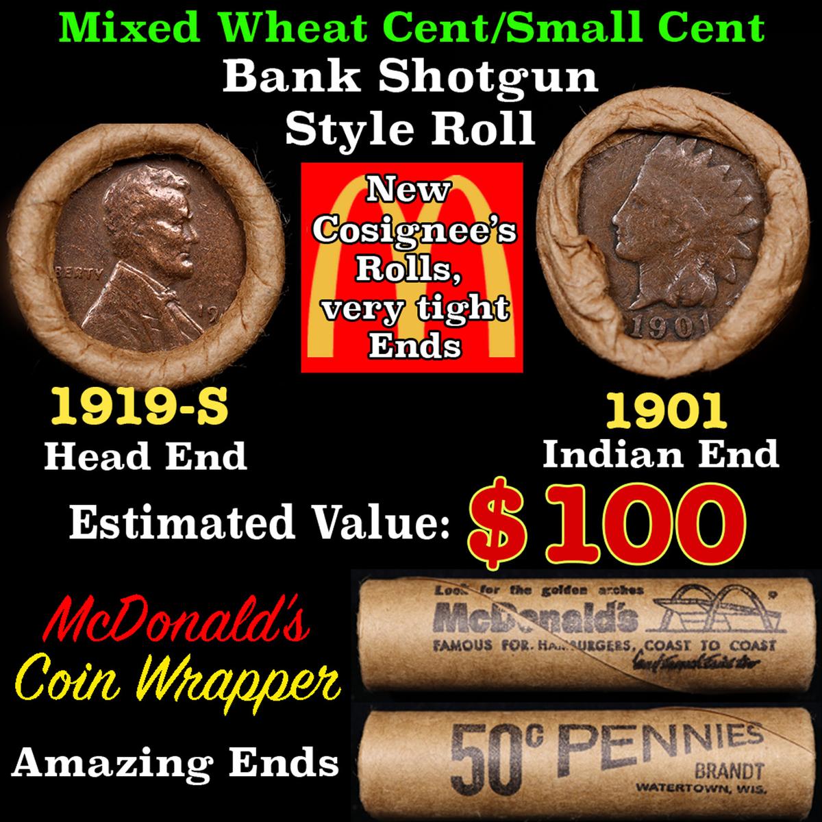 Small Cent Mixed Roll Orig Brandt McDonalds Wrapper, 1919-s Lincoln Wheat end, 1901 Indian other end