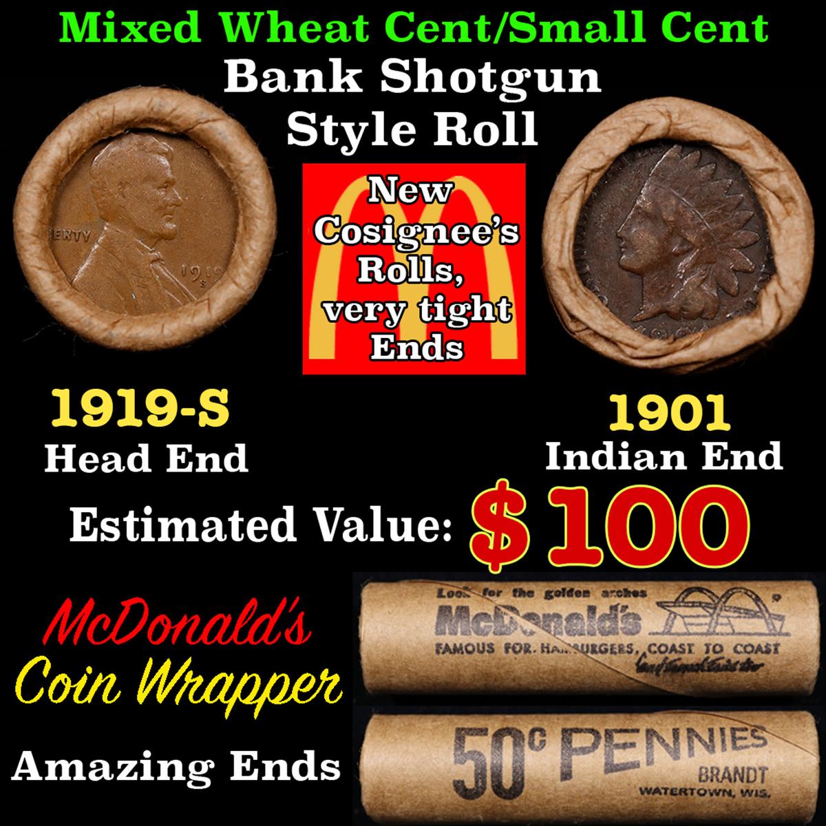 Small Cent Mixed Roll Orig Brandt McDonalds Wrapper, 1919-s Lincoln Wheat end, 1901 Indian other end