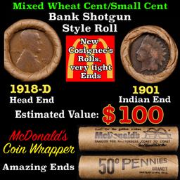 Small Cent Mixed Roll Orig Brandt McDonalds Wrapper, 1918-d Lincoln Wheat end, 1901 Indian other end