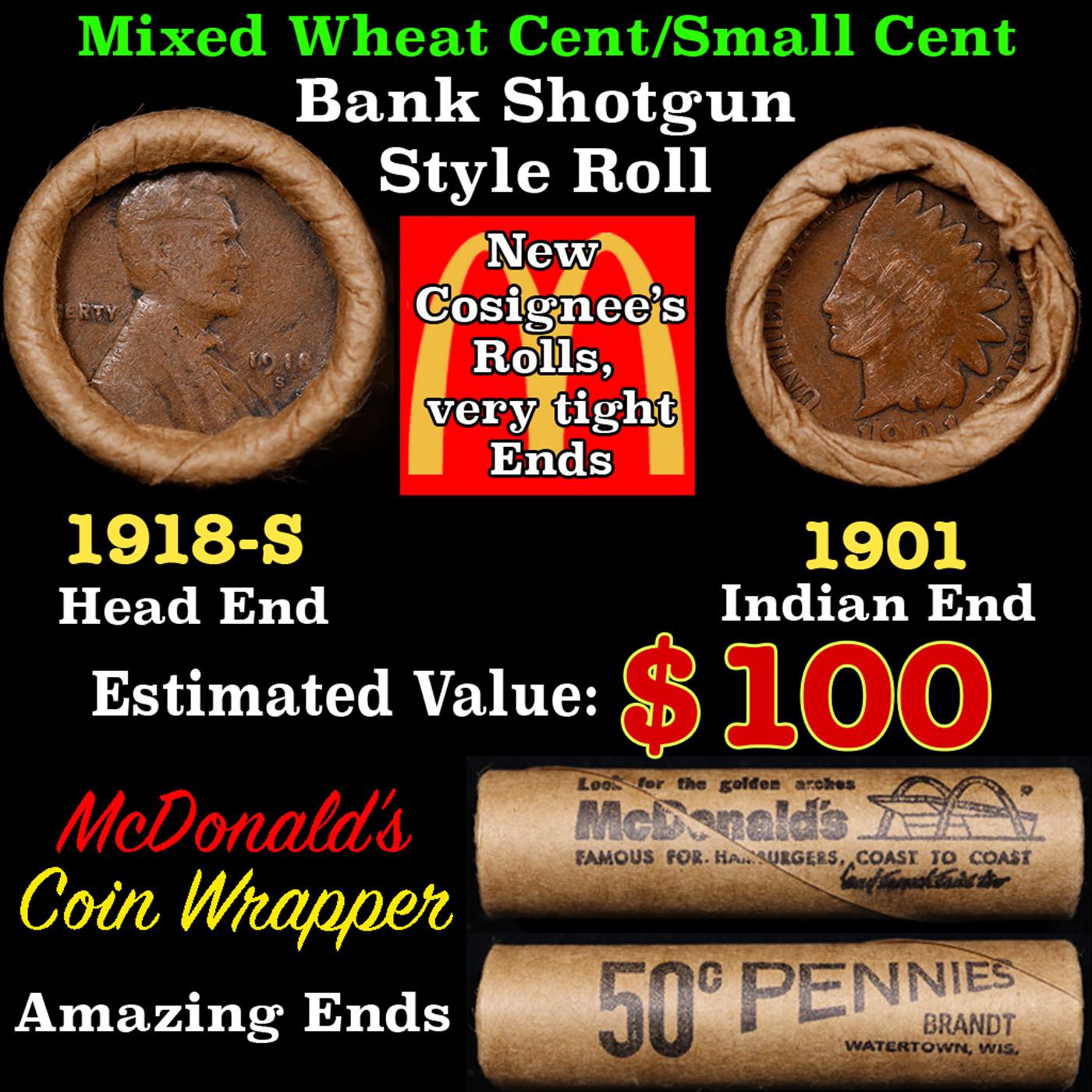 Small Cent Mixed Roll Orig Brandt McDonalds Wrapper, 1918-s Lincoln Wheat end, 1901 Indian other end