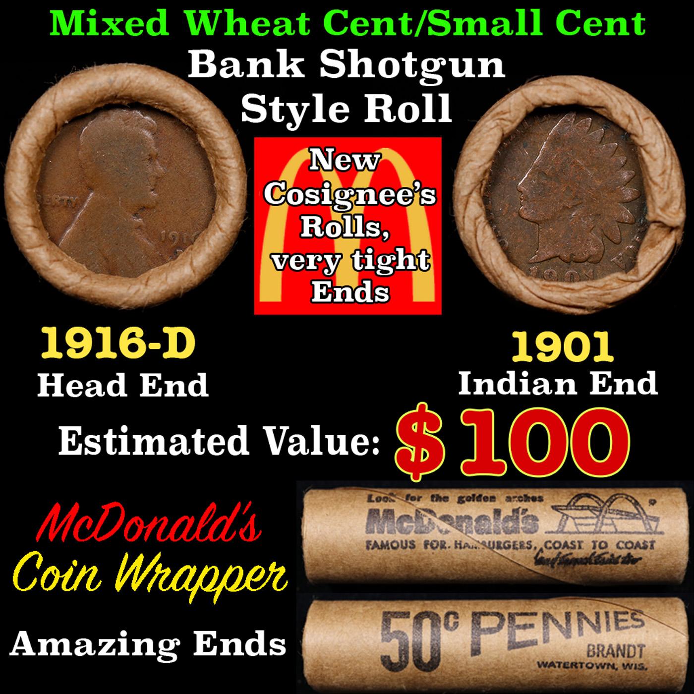 Small Cent Mixed Roll Orig Brandt McDonalds Wrapper, 1916-d Lincoln Wheat end, 1901 Indian other end