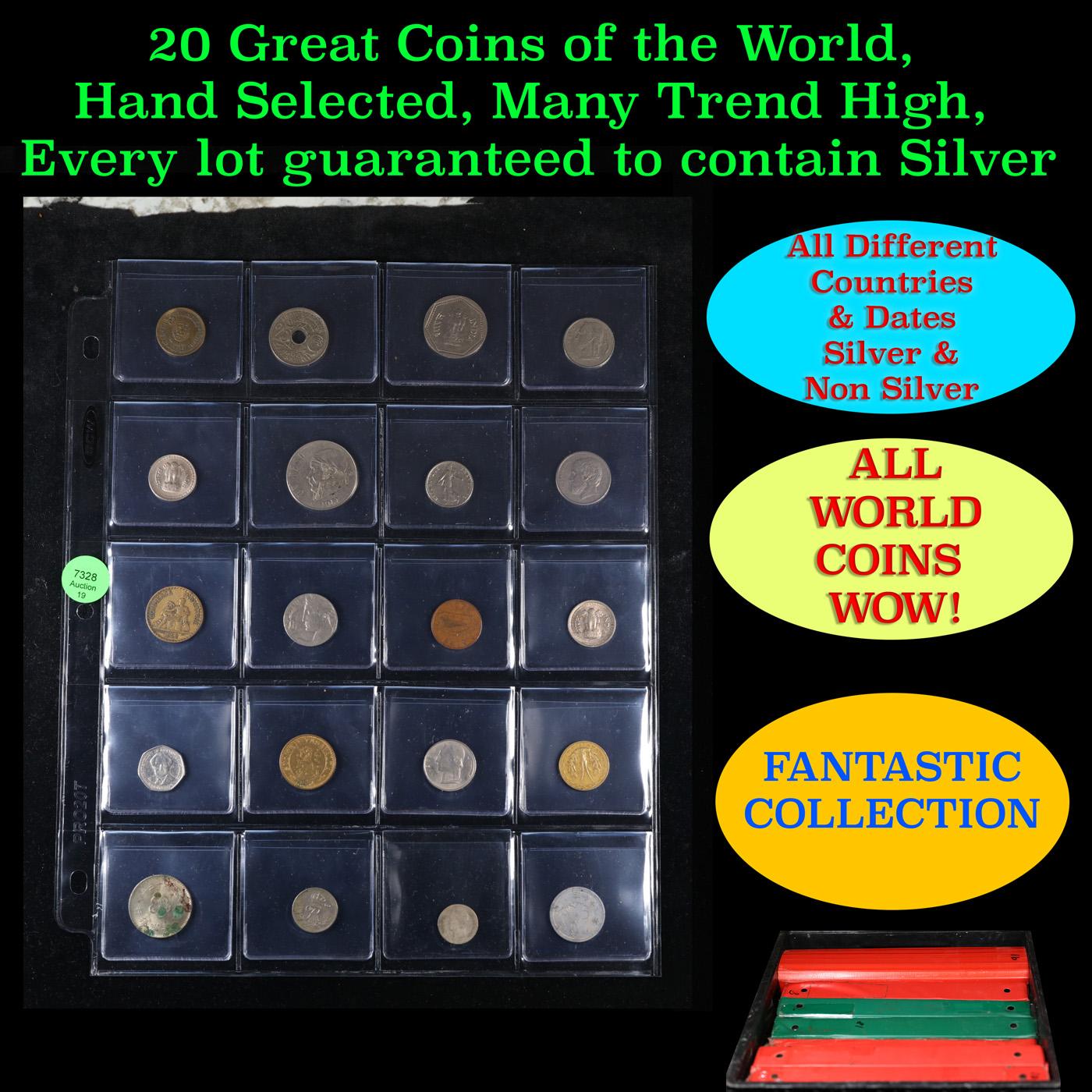 20 Great Coins of the World, hand selected, many trend high, every lot guaranteed to contain Silver.