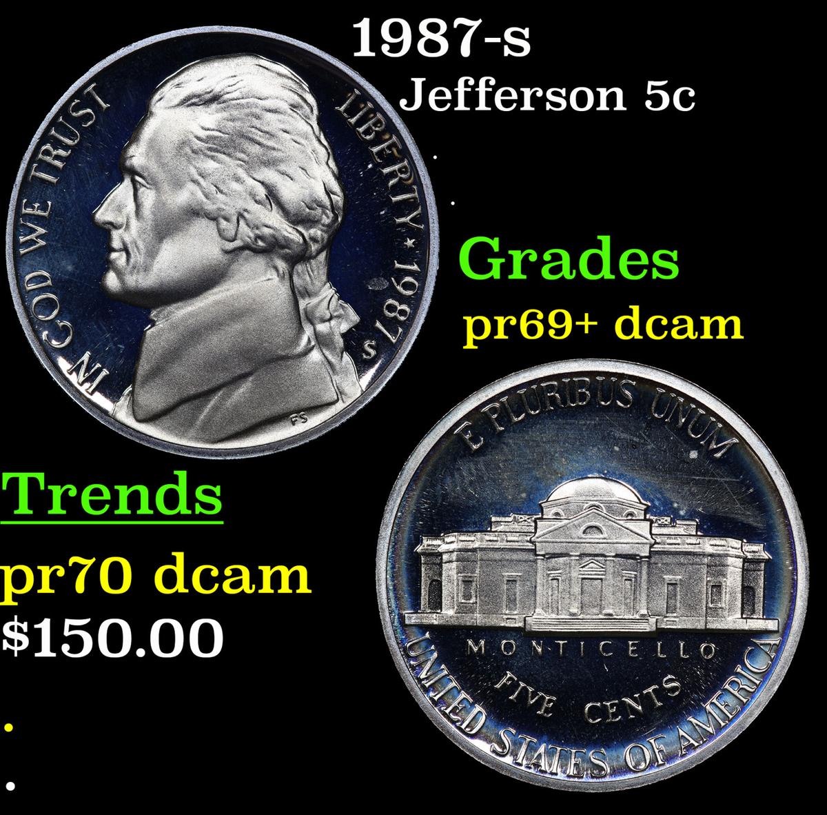 Proof 1987-s Jefferson Nickel 5c Grades GEM++ Proof Deep Cameo