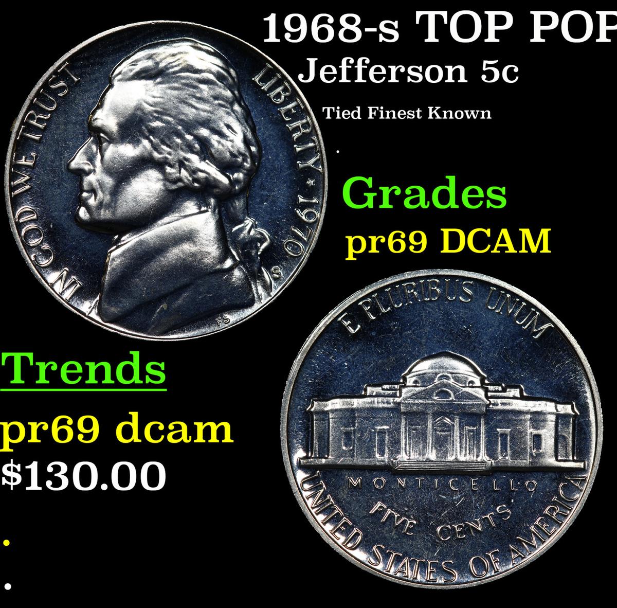 Proof 1968-s Jefferson Nickel TOP POP! 5c Graded pr69 DCAM By SEGS