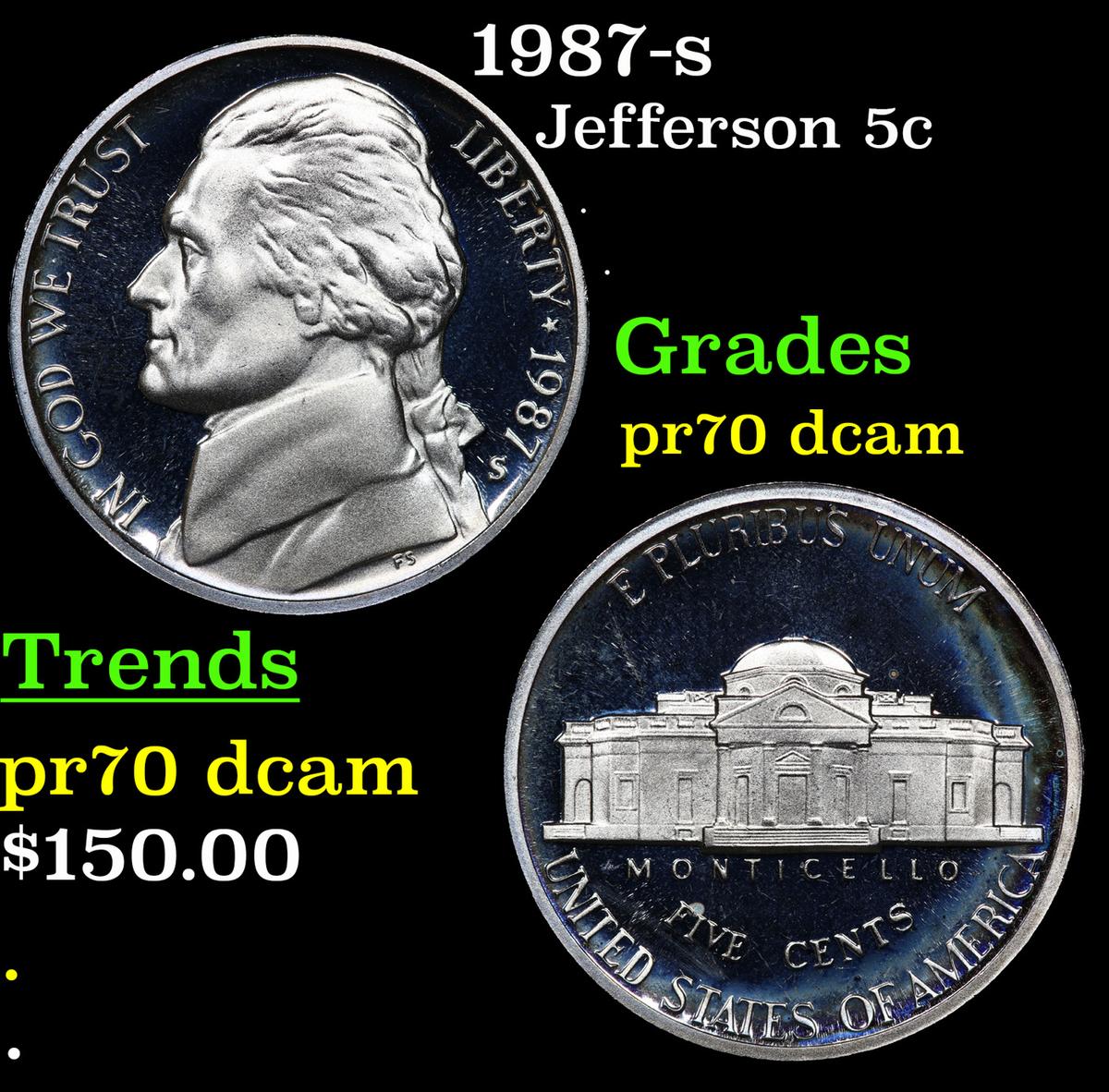 Proof 1987-s Jefferson Nickel 5c Graded pr70 dcam By SEGS
