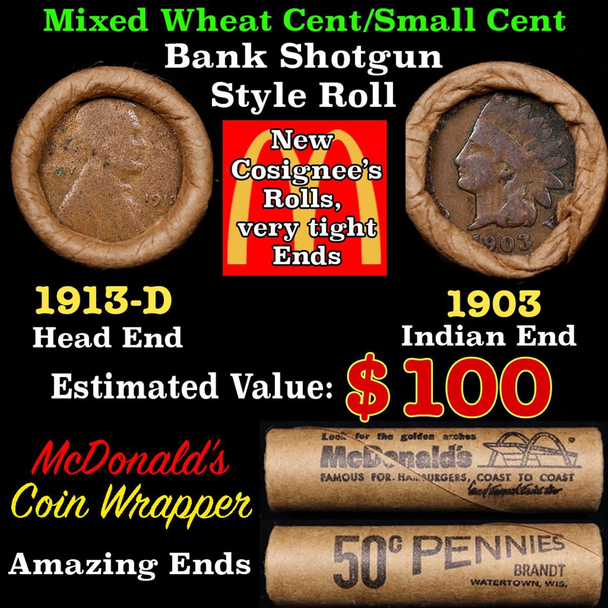Small Cent Mixed Roll Orig Brandt McDonalds Wrapper, 1913-d Lincoln Wheat end, 1903 Indian other end