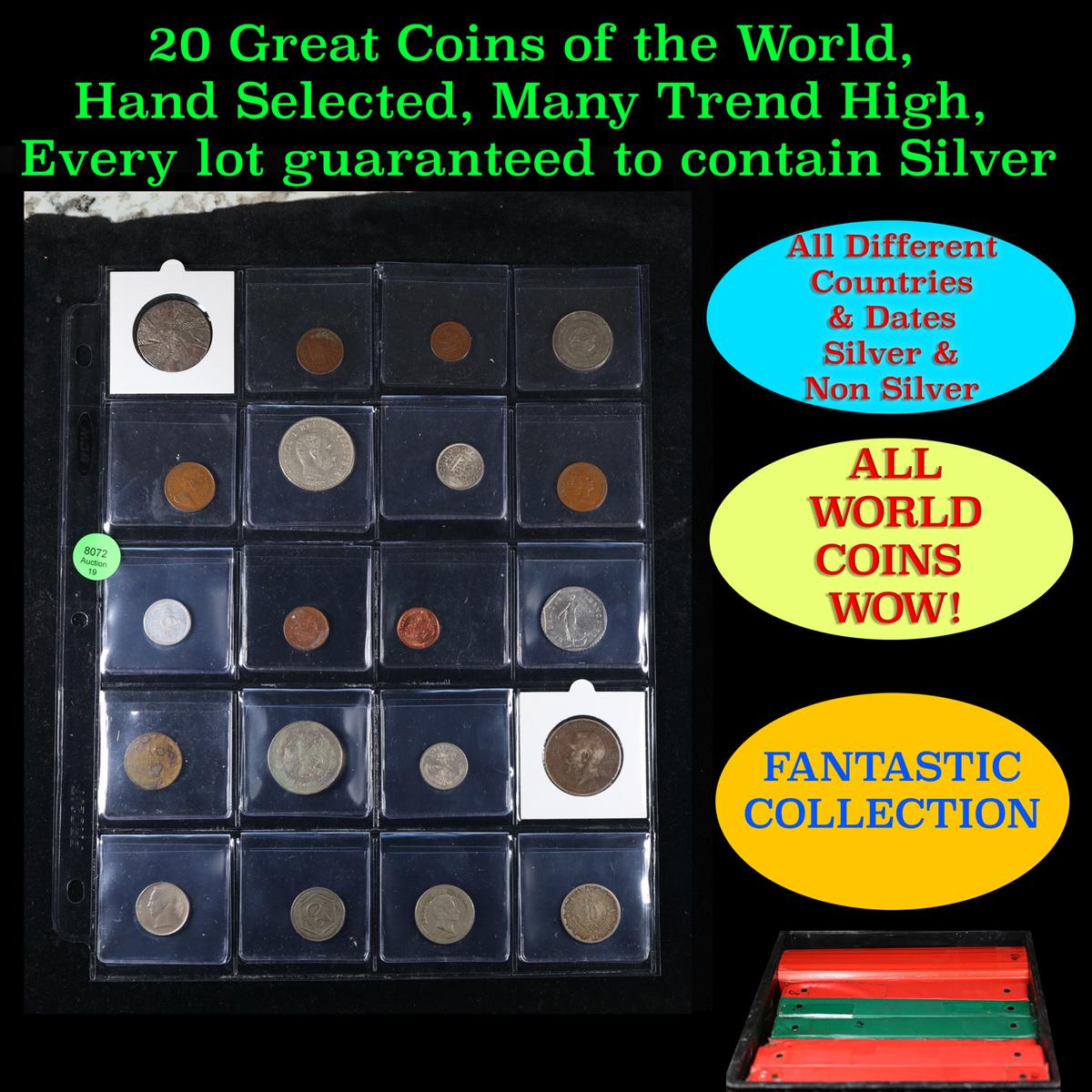 20 Great Coins of the World, hand selected, many trend high, every lot guaranteed to contain Silver.