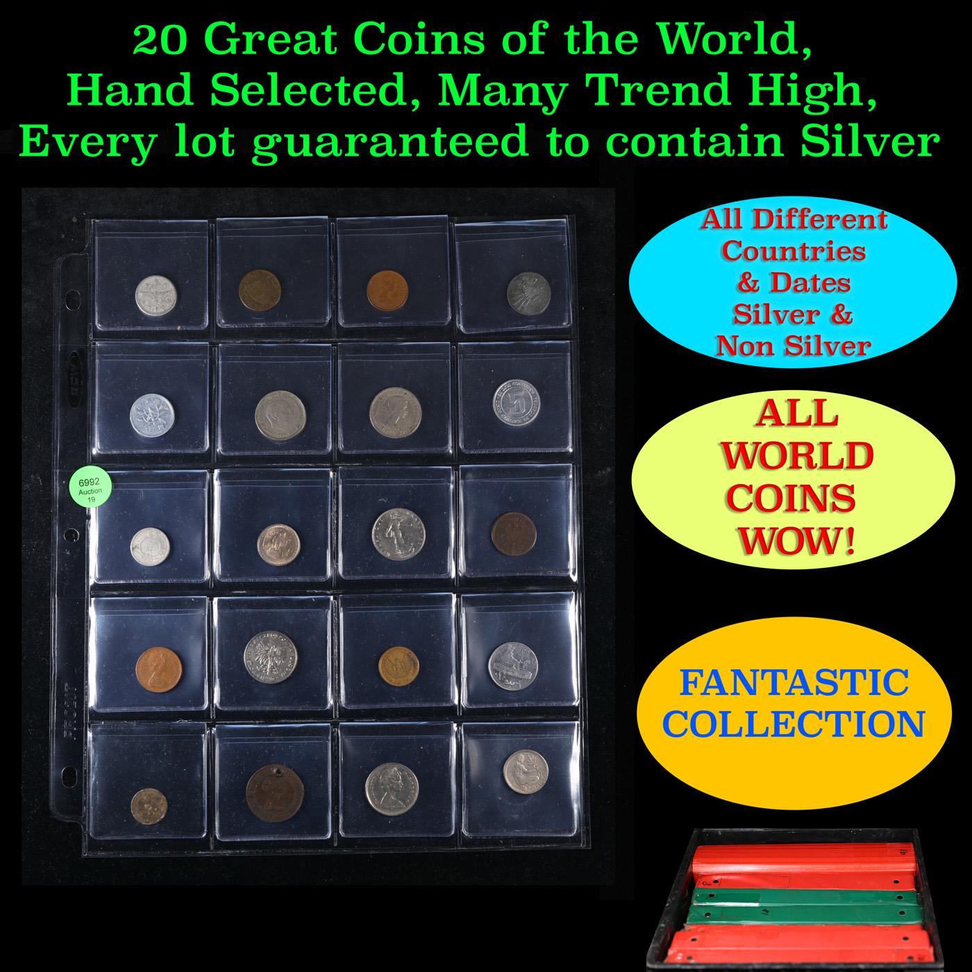 20 Great Coins of the World, hand selected, many trend high, every lot guaranteed to contain Silver.