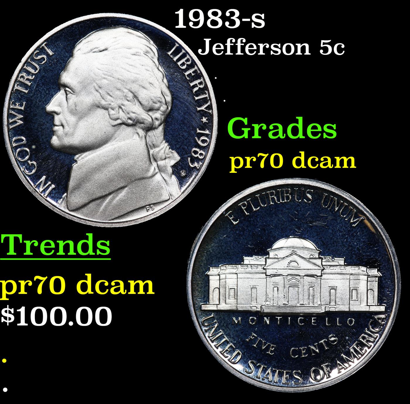 Proof 1983-s Jefferson Nickel 5c Graded pr70 dcam By SEGS