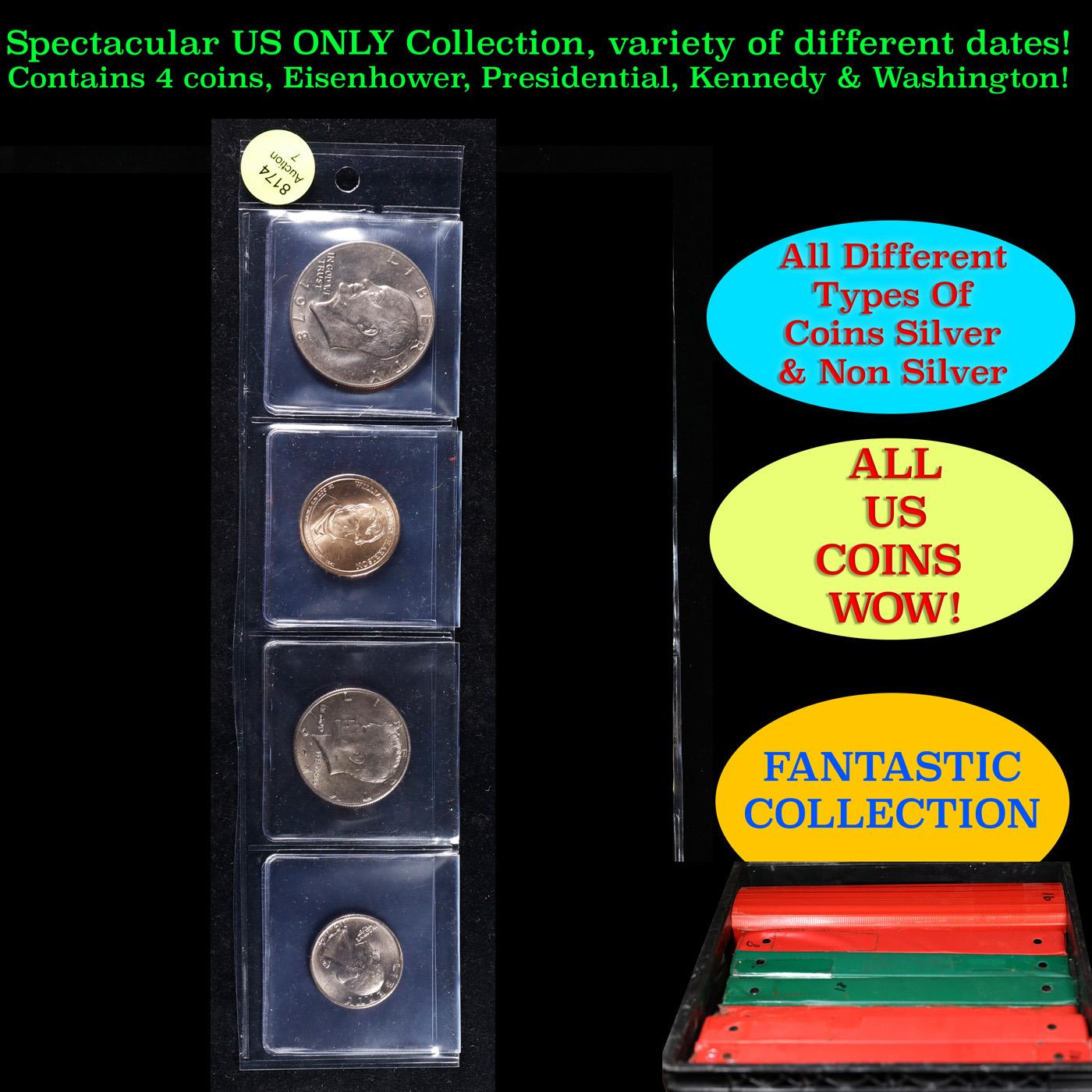 Intresting Page of 4 US Coins Washington Quarter, Kennedy 50c, Presidential $1, Eisenhower $1