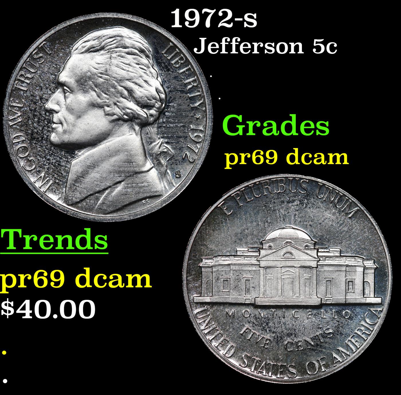 Proof 1972-s Jefferson Nickel 5c Grades GEM++ Proof Deep Cameo