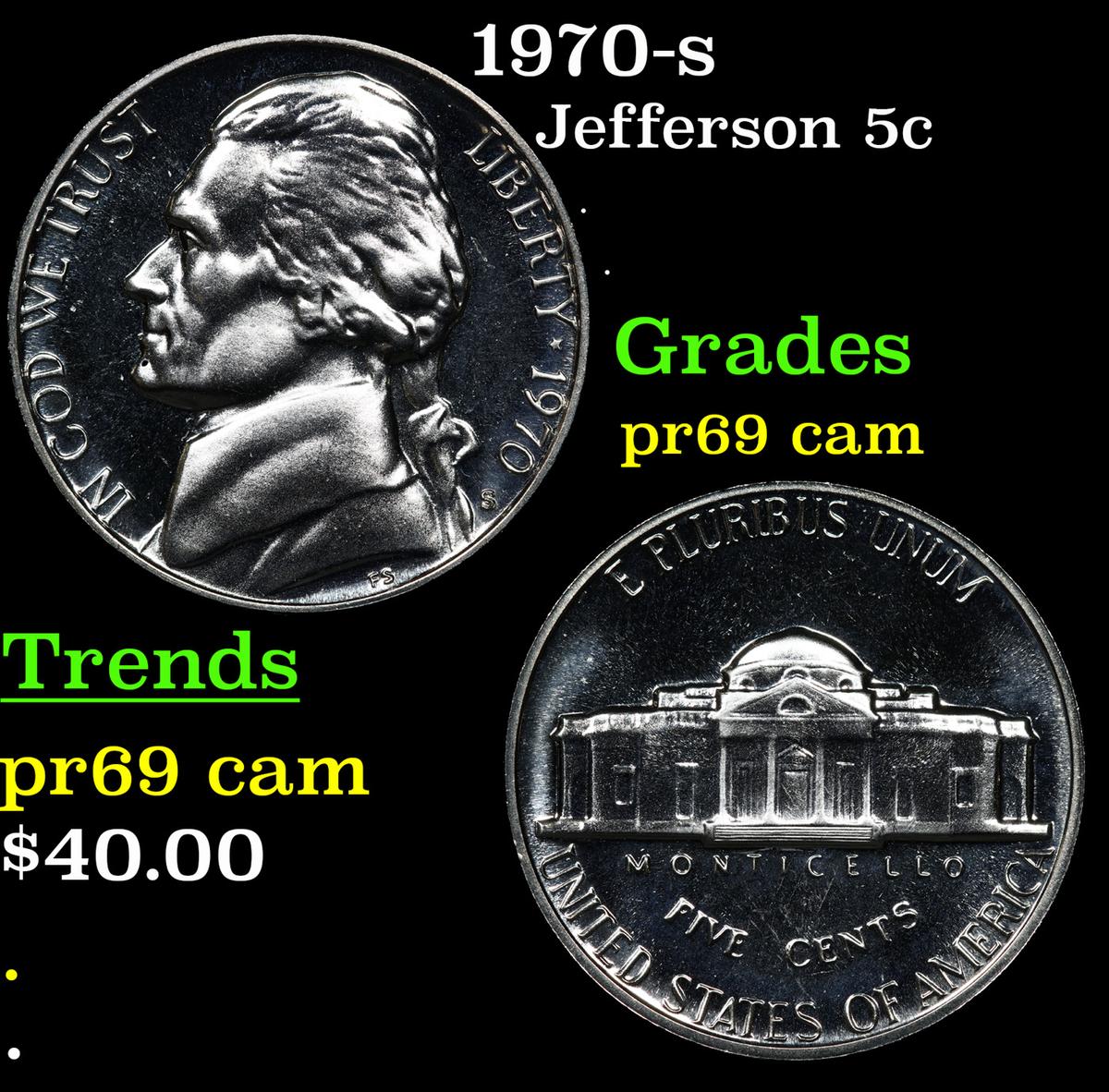 Proof 1970-s Jefferson Nickel 5c Grades GEM++ Proof Cameo