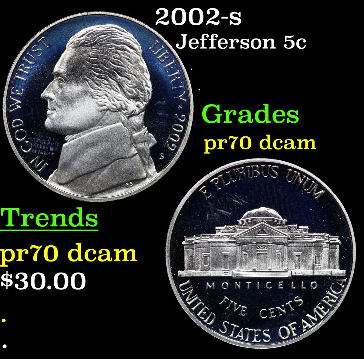 Proof 2002-s Jefferson Nickel 5c Grades GEM++ Proof Deep Cameo