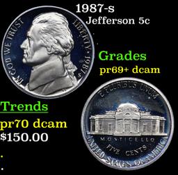 Proof 1987-s Jefferson Nickel 5c Grades GEM++ Proof Deep Cameo