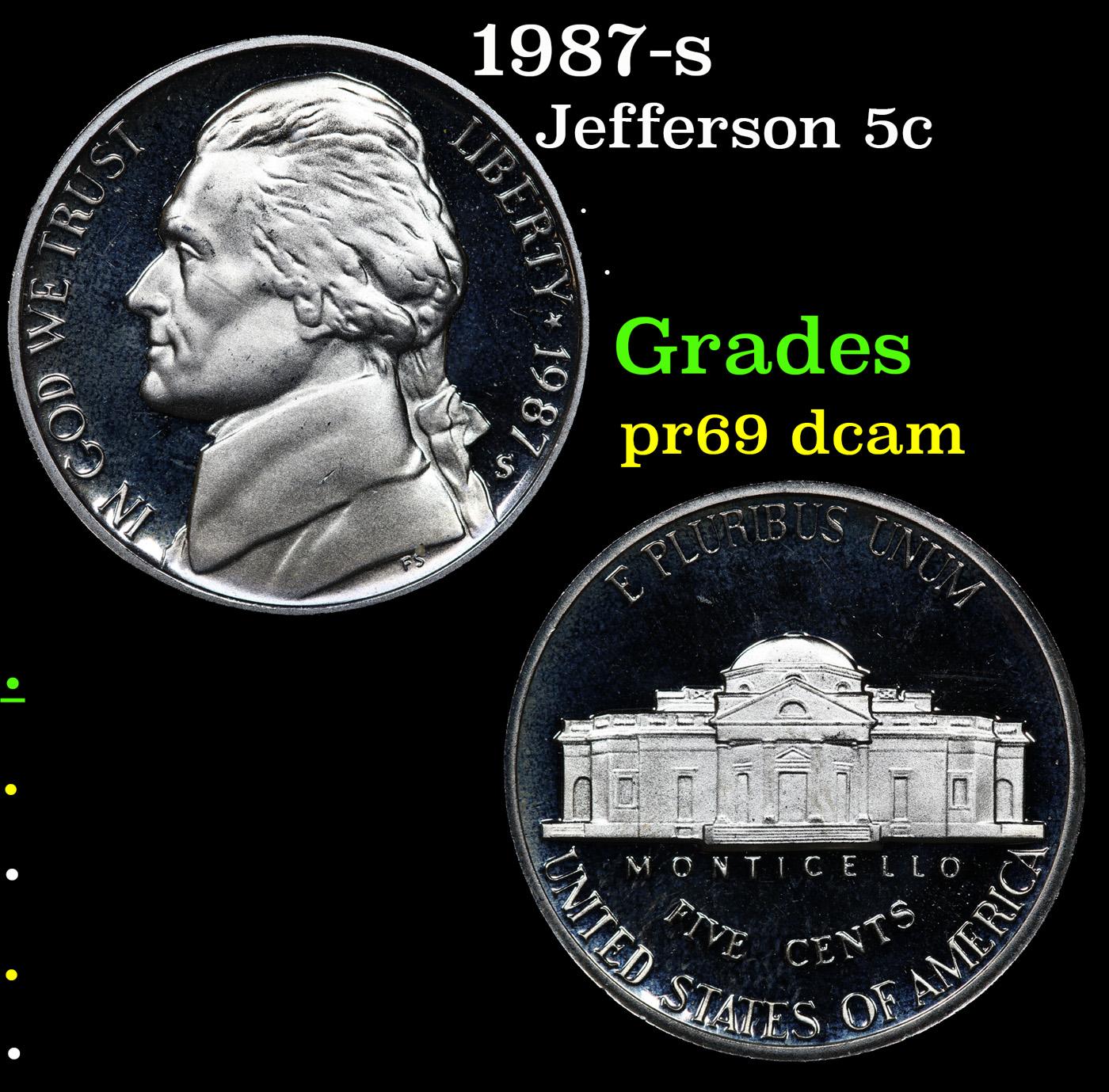 Proof 1987-s Jefferson Nickel 5c Grades GEM++ Proof Deep Cameo