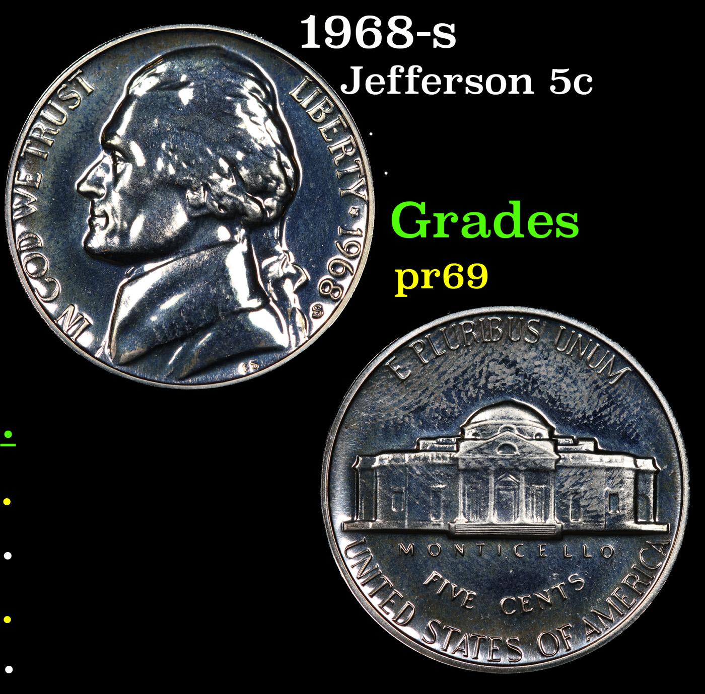 Proof 1968-s Jefferson Nickel 5c Grades GEM++ Proof