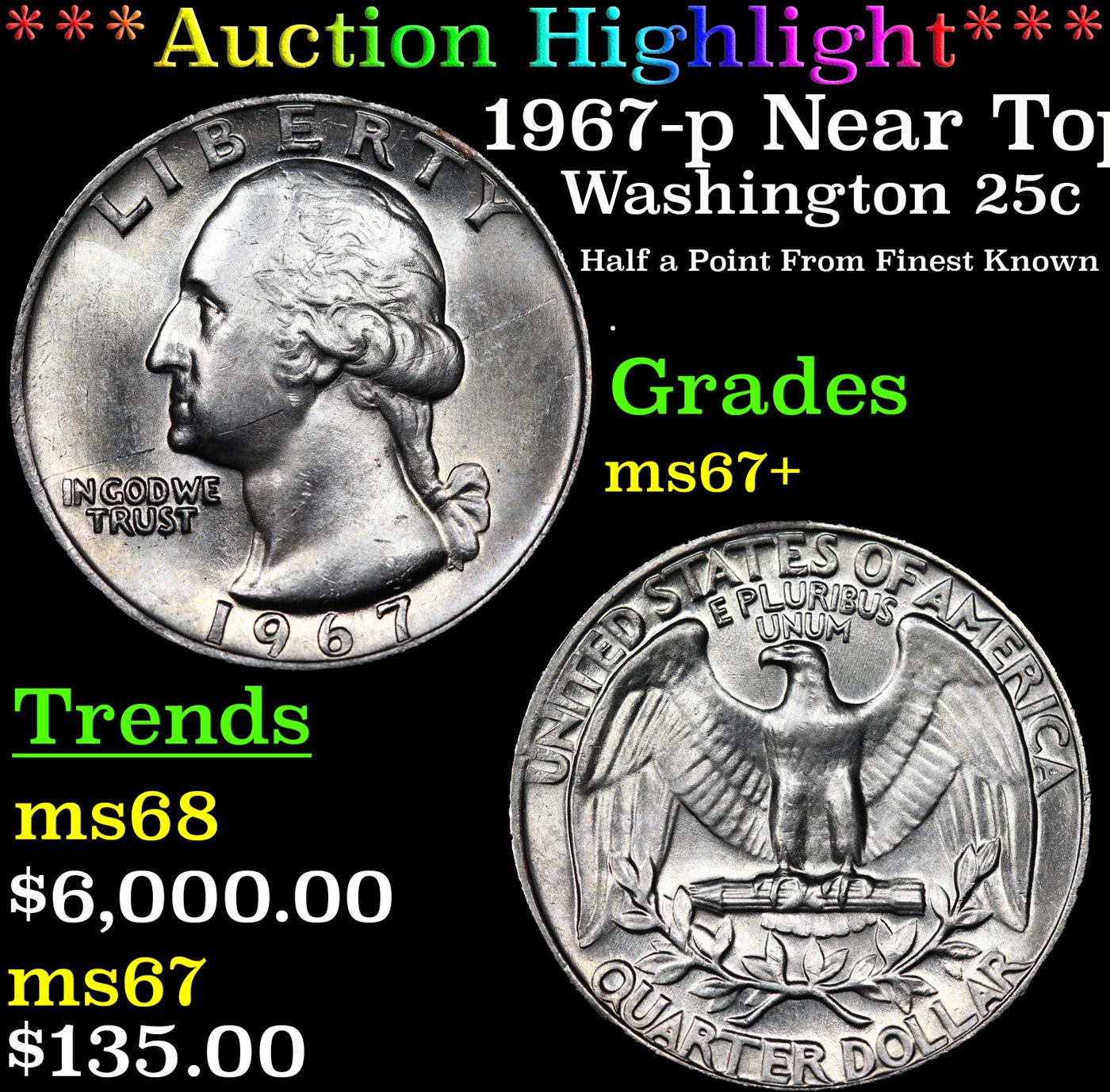 ***Auction Highlight*** 1967-p Washington Quarter Near Top Pop! 25c Graded ms67+ By SEGS (fc)