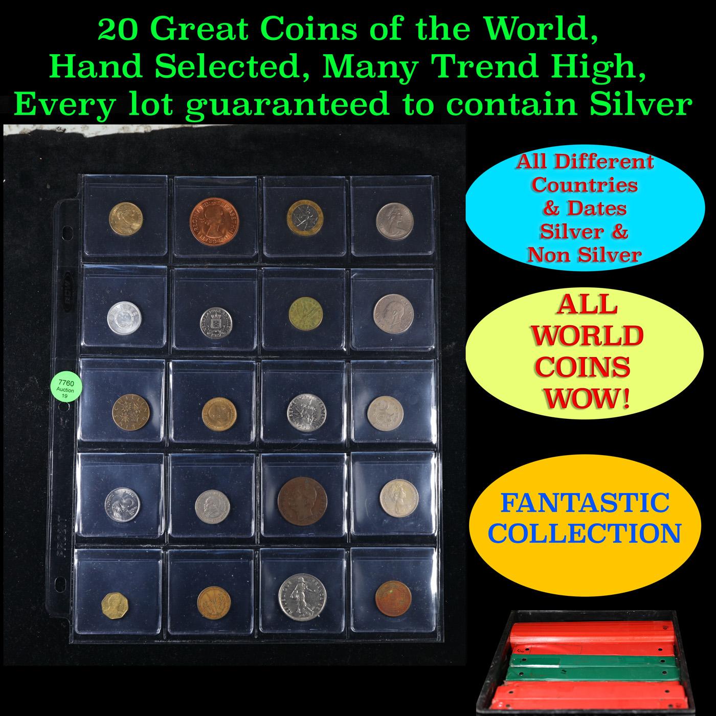 20 Great Coins of the World, hand selected, many trend high, every lot guaranteed to contain Silver.