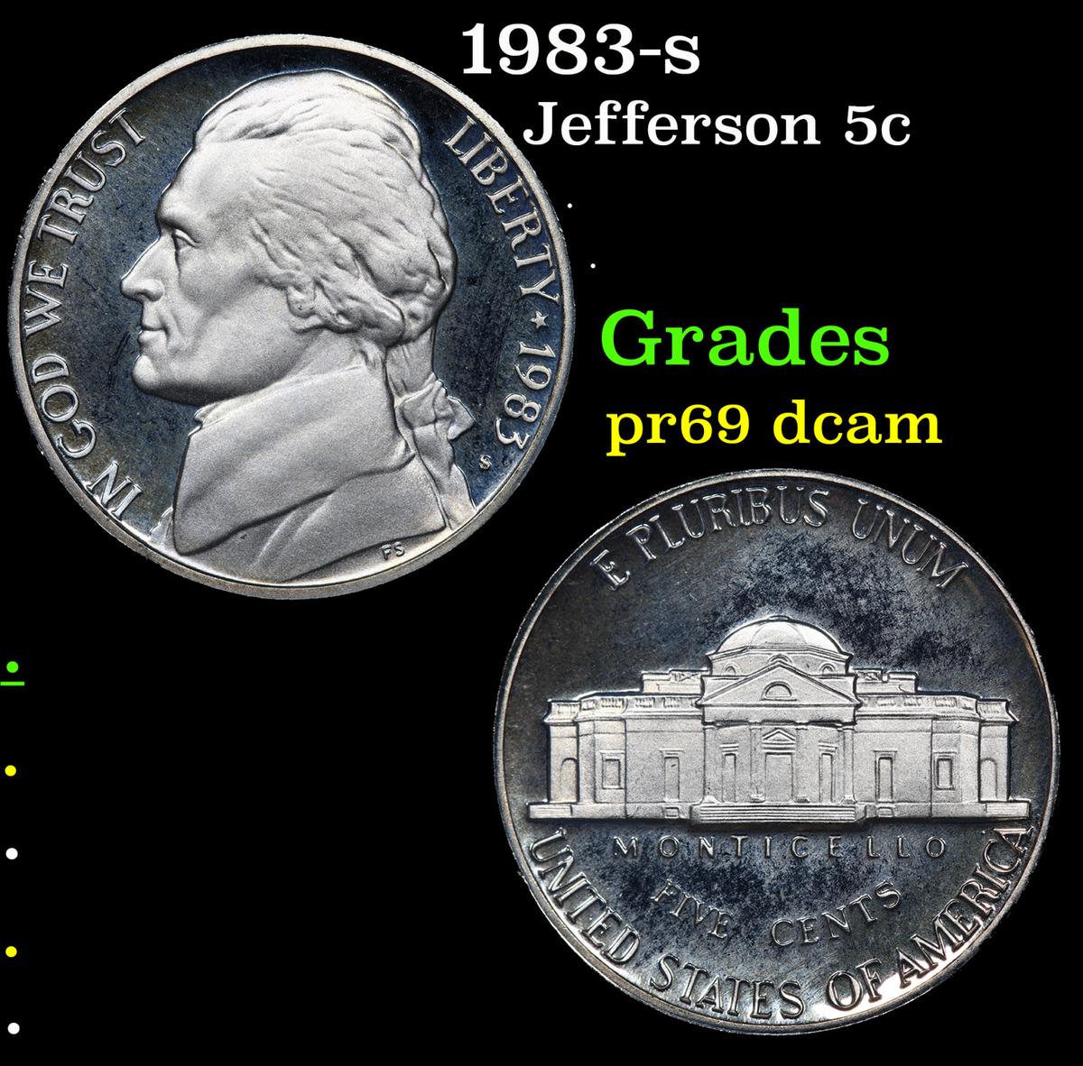 Proof 1983-s Jefferson Nickel 5c Grades GEM++ Proof Deep Cameo