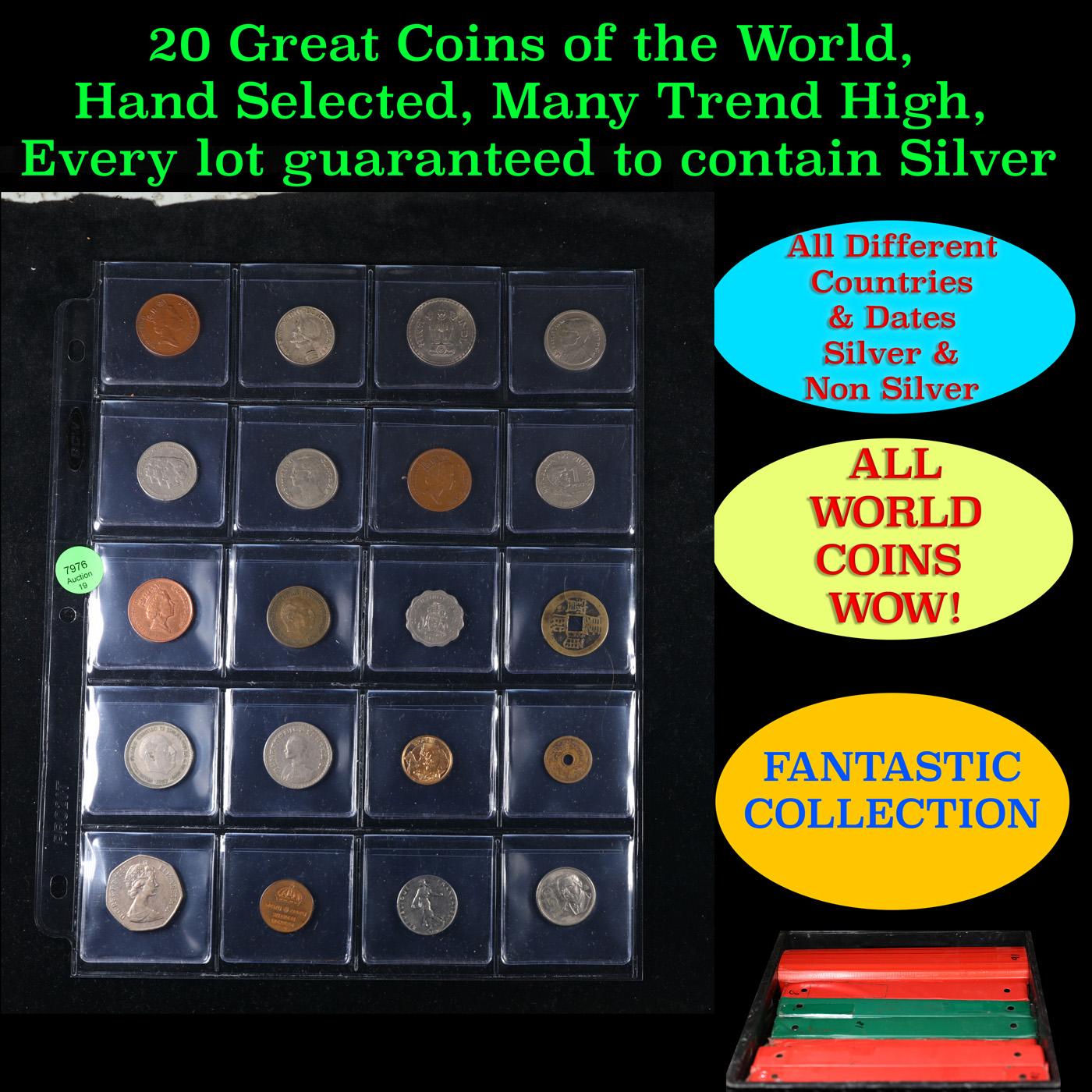 20 Great Coins of the World, hand selected, many trend high, every lot guaranteed to contain Silver.