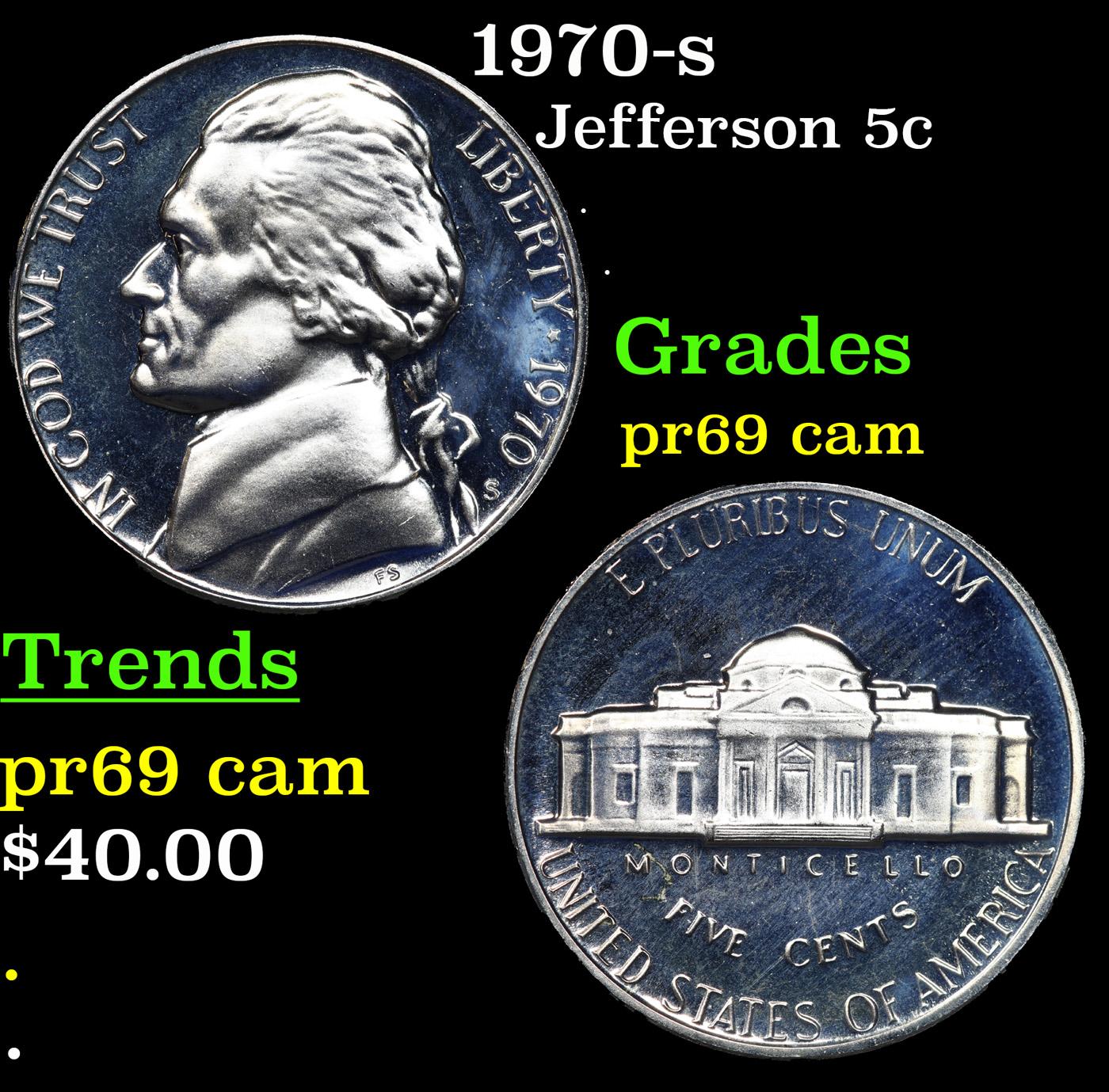 Proof 1970-s Jefferson Nickel 5c Grades GEM++ Proof Cameo