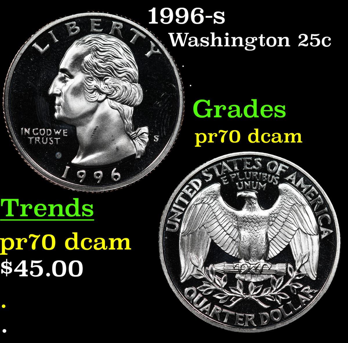 Proof 1996-s Washington Quarter 25c Grades GEM++ Proof Deep Cameo