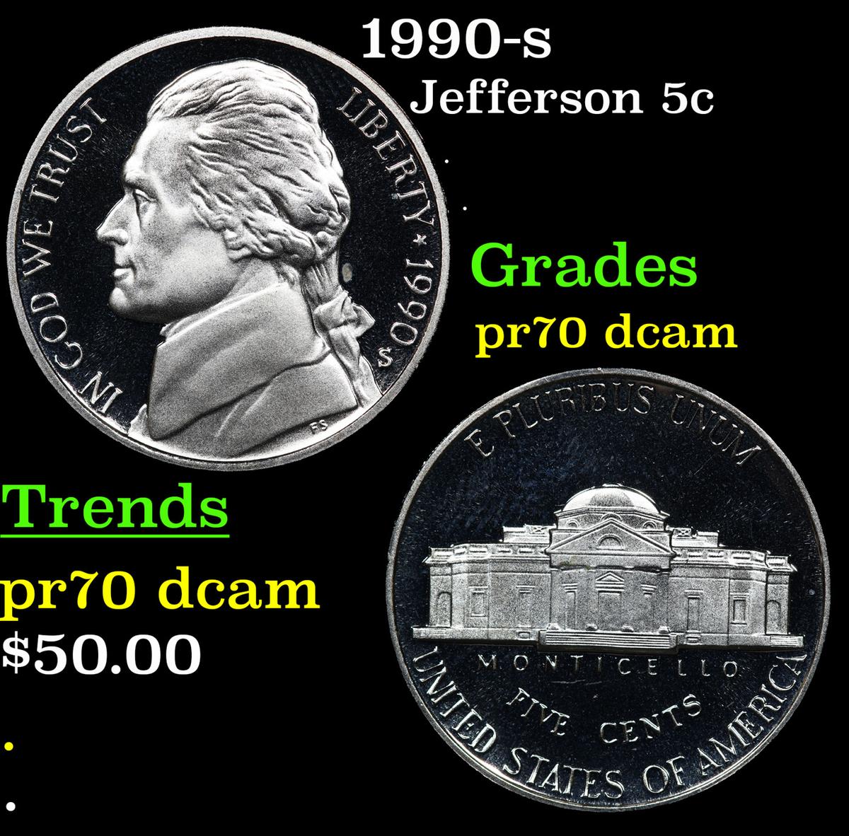 Proof 1990-s Jefferson Nickel 5c Grades GEM++ Proof Deep Cameo