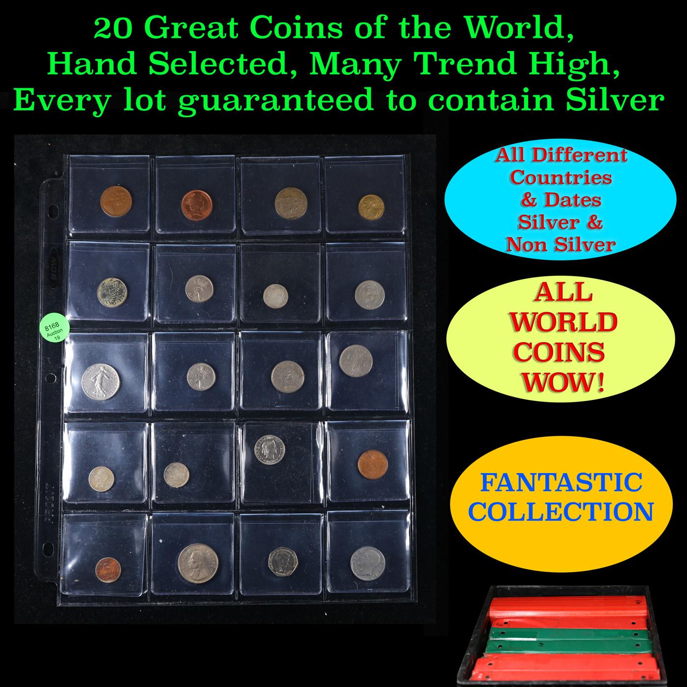 20 Great Coins of the World, hand selected, many trend high, every lot guaranteed to contain Silver.