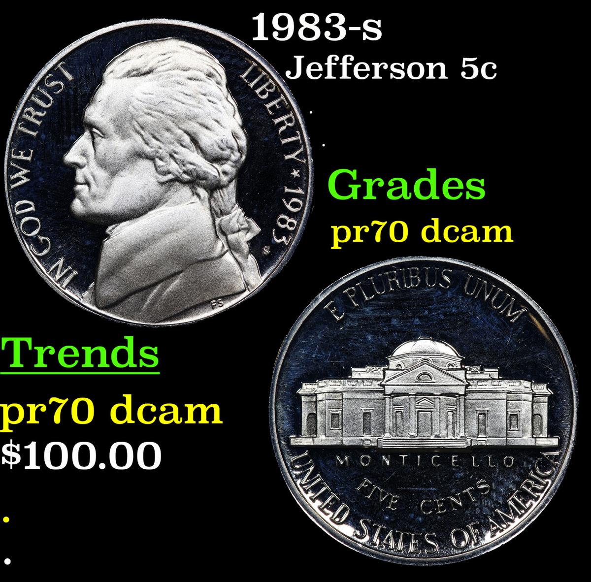 Proof 1983-s Jefferson Nickel 5c Graded pr70 dcam By SEGS