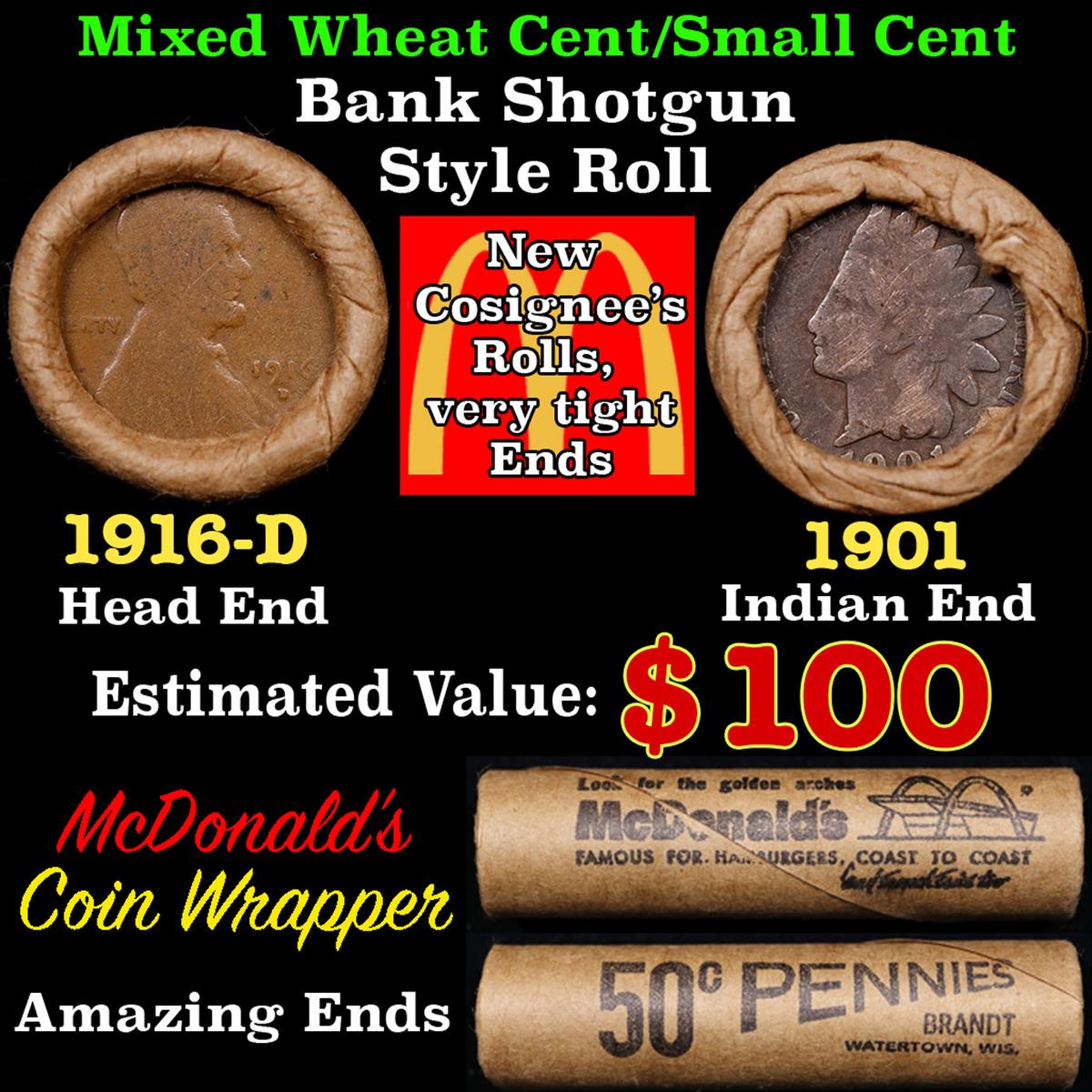 Small Cent Mixed Roll Orig Brandt McDonalds Wrapper, 1916-d Lincoln Wheat end, 1901 Indian other end