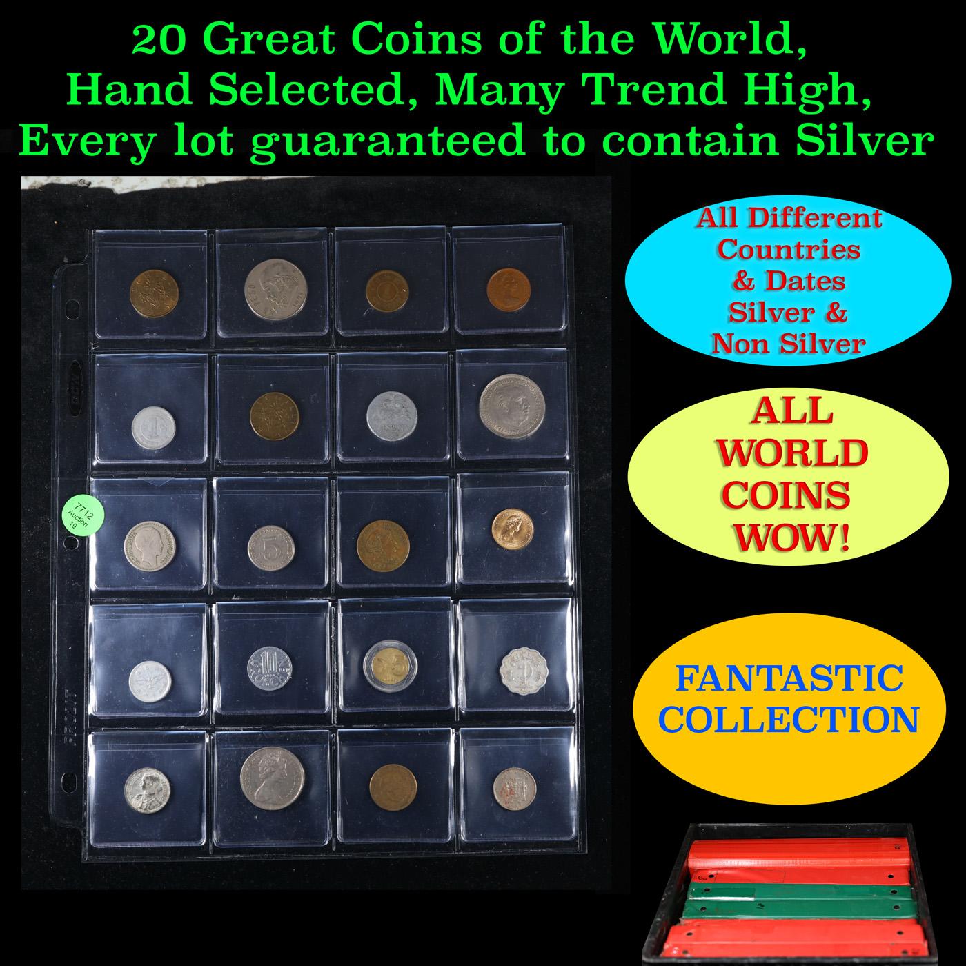 20 Great Coins of the World, hand selected, many trend high, every lot guaranteed to contain Silver.