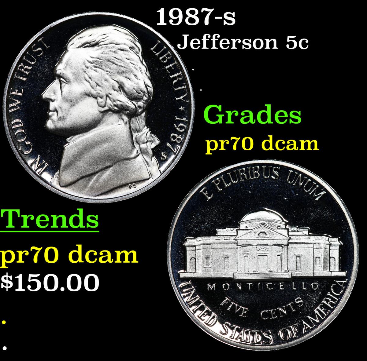 Proof 1987-s Jefferson Nickel 5c Graded pr70 dcam By SEGS