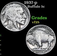1937-p Buffalo Nickel 5c Grades vf+