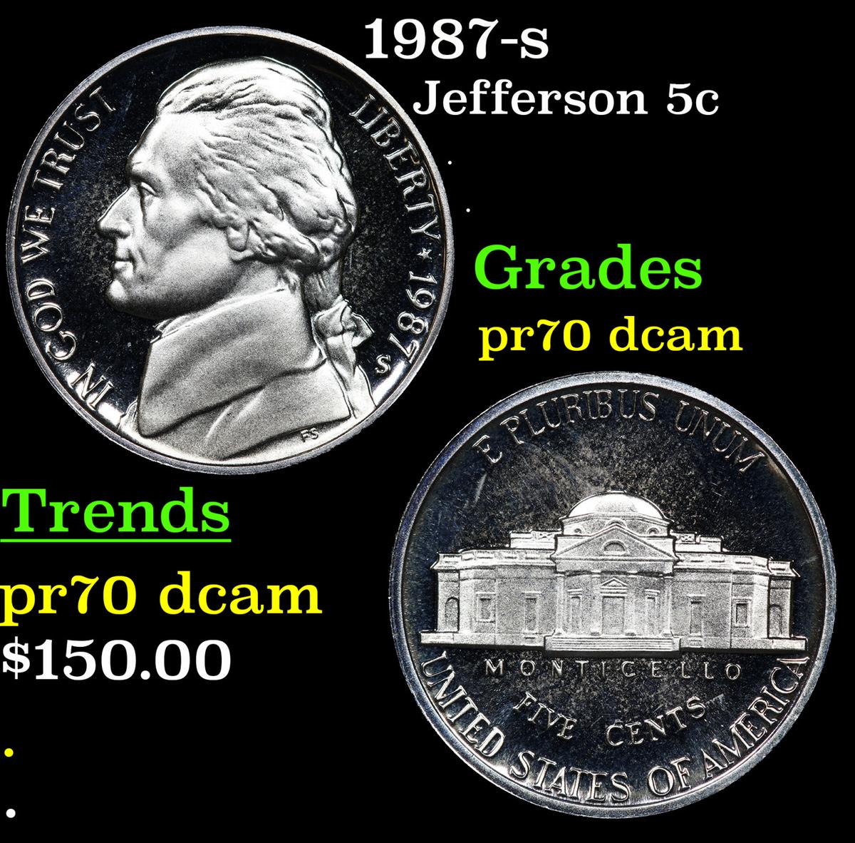 Proof 1987-s Jefferson Nickel 5c Graded pr70 dcam By SEGS