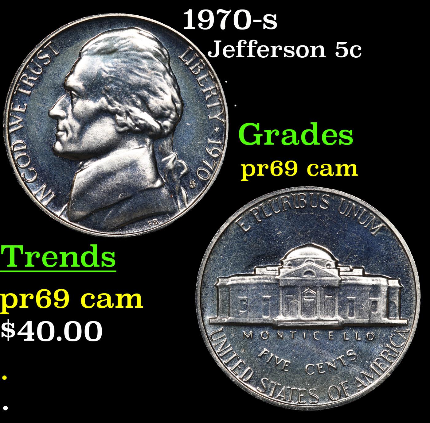 Proof 1970-s Jefferson Nickel 5c Grades GEM++ Proof Cameo