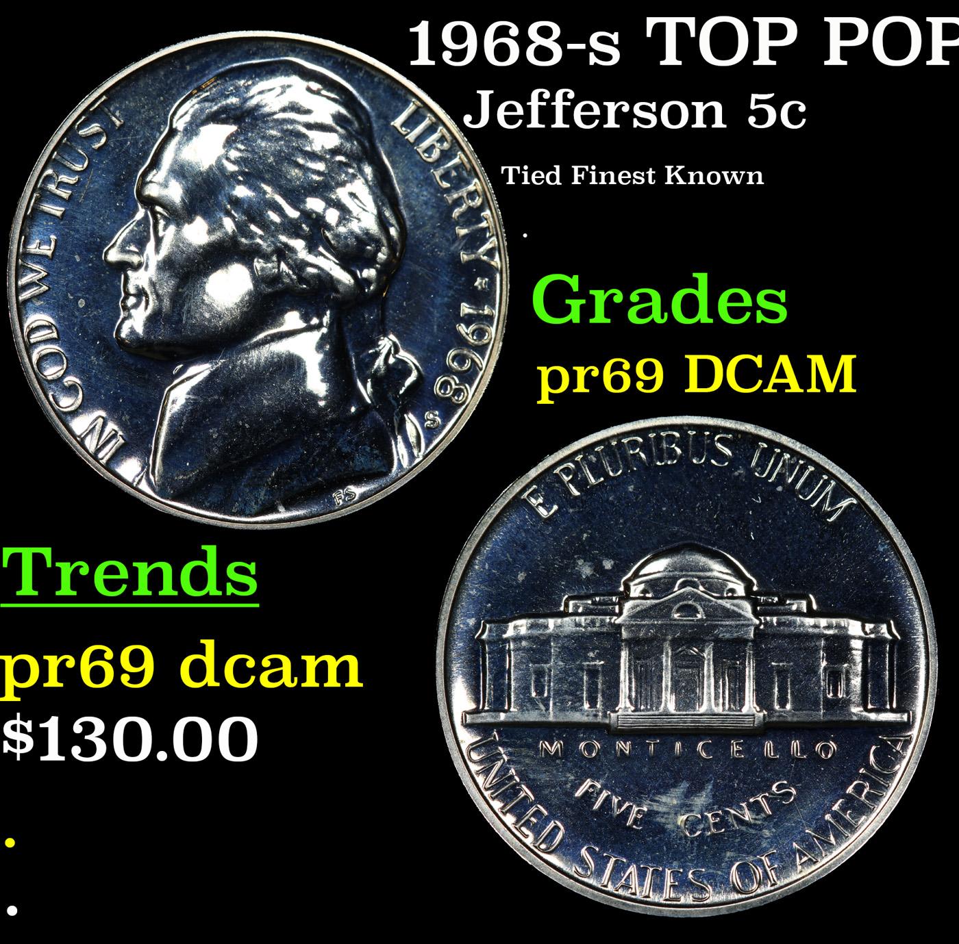 Proof 1968-s Jefferson Nickel TOP POP! 5c Graded pr69 DCAM By SEGS