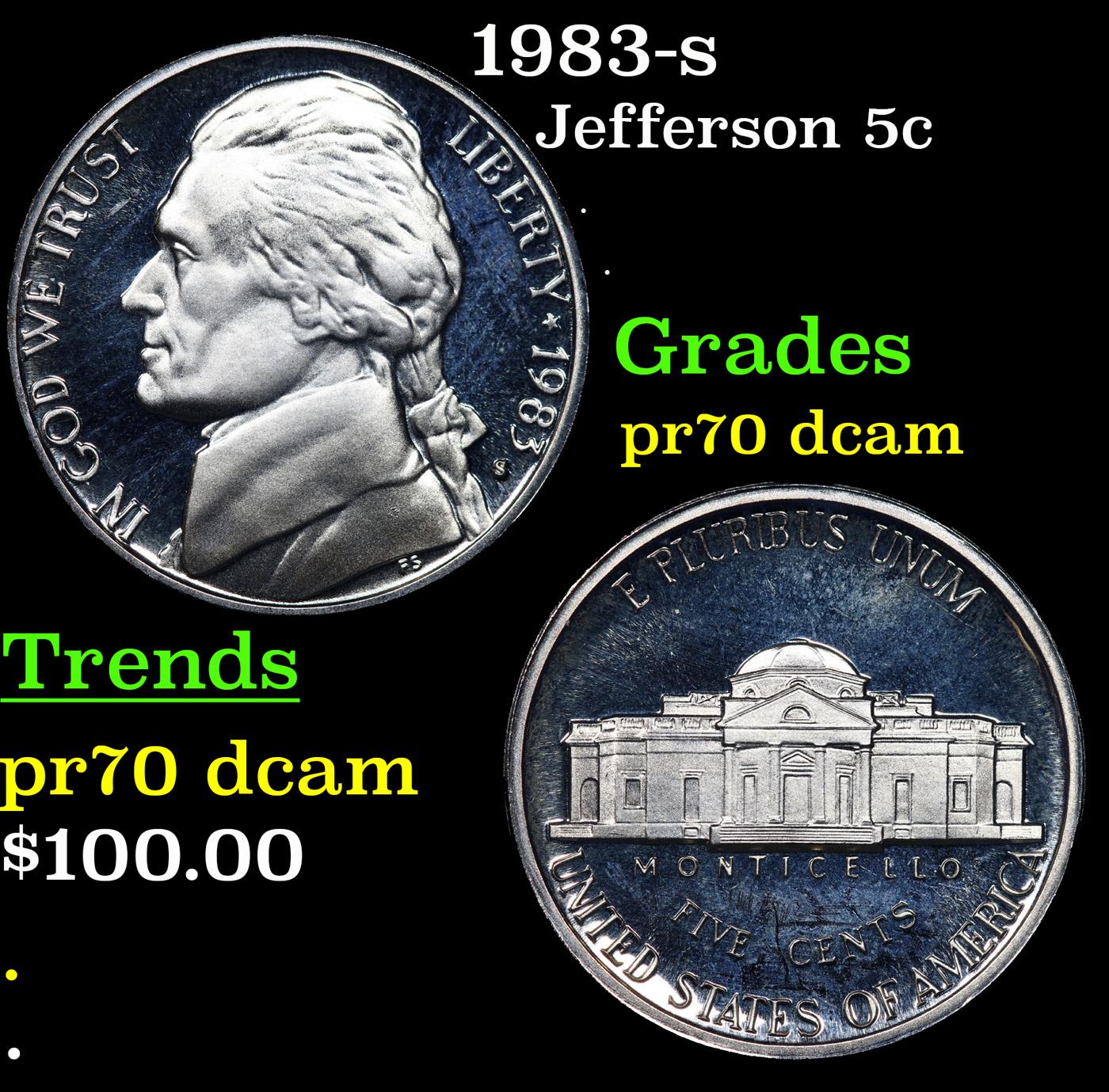 Proof 1983-s Jefferson Nickel 5c Graded pr70 dcam By SEGS