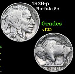 1936-p Buffalo Nickel 5c Grades vf+