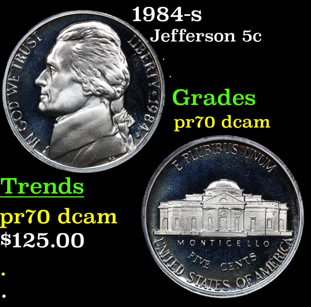 Proof 1984-s Jefferson Nickel 5c Graded pr70 dcam By SEGS